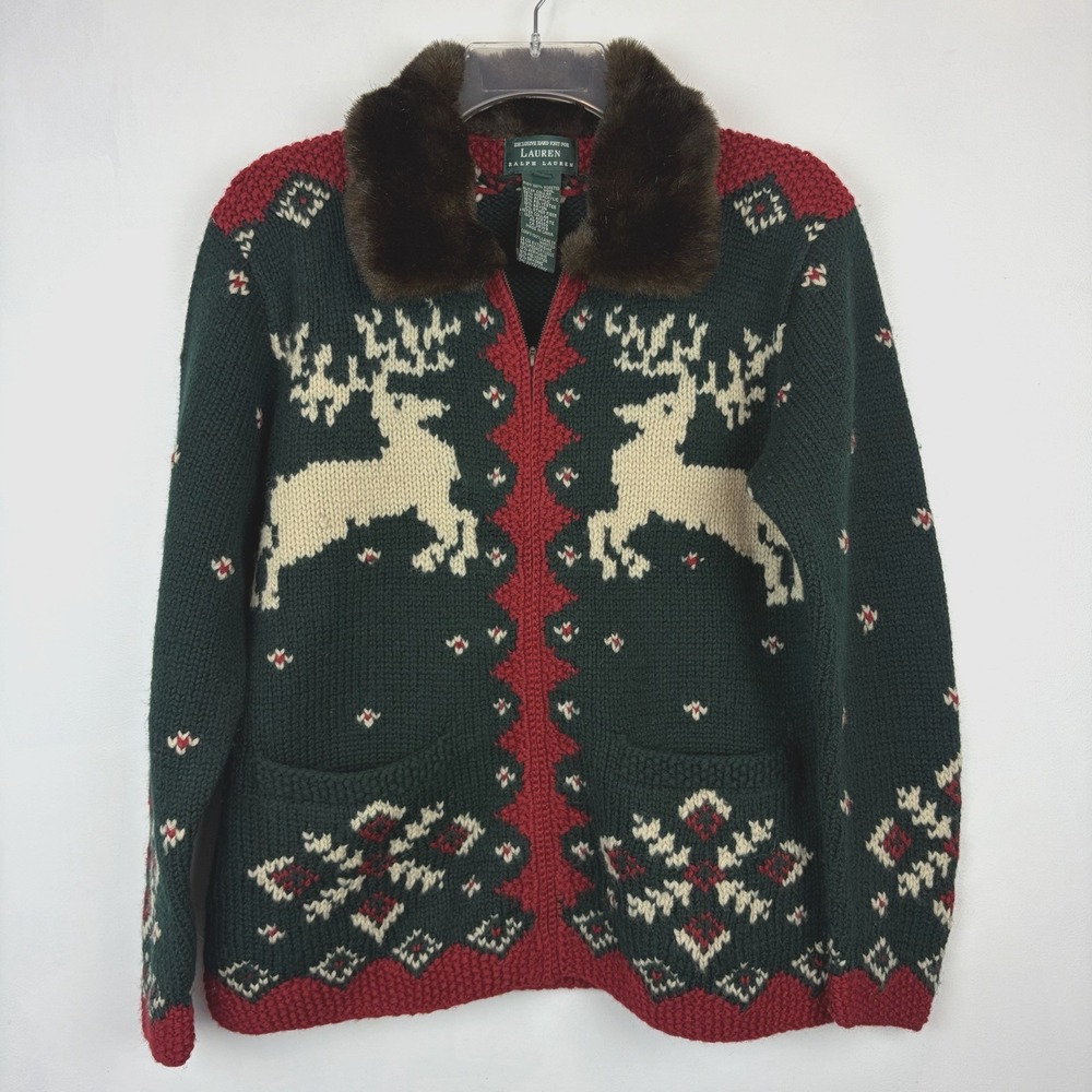 Ralph Lauren Christmas Wool Sweater Womens Small Cardigan Hand Knit Fur Collar